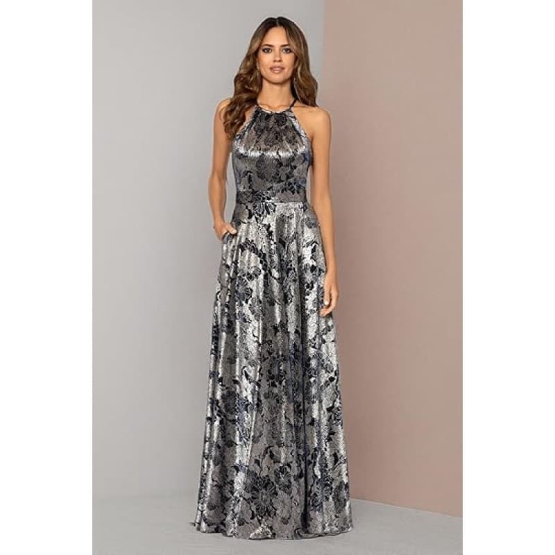 Sleeveless Halter Metallic Print Wrap Gown